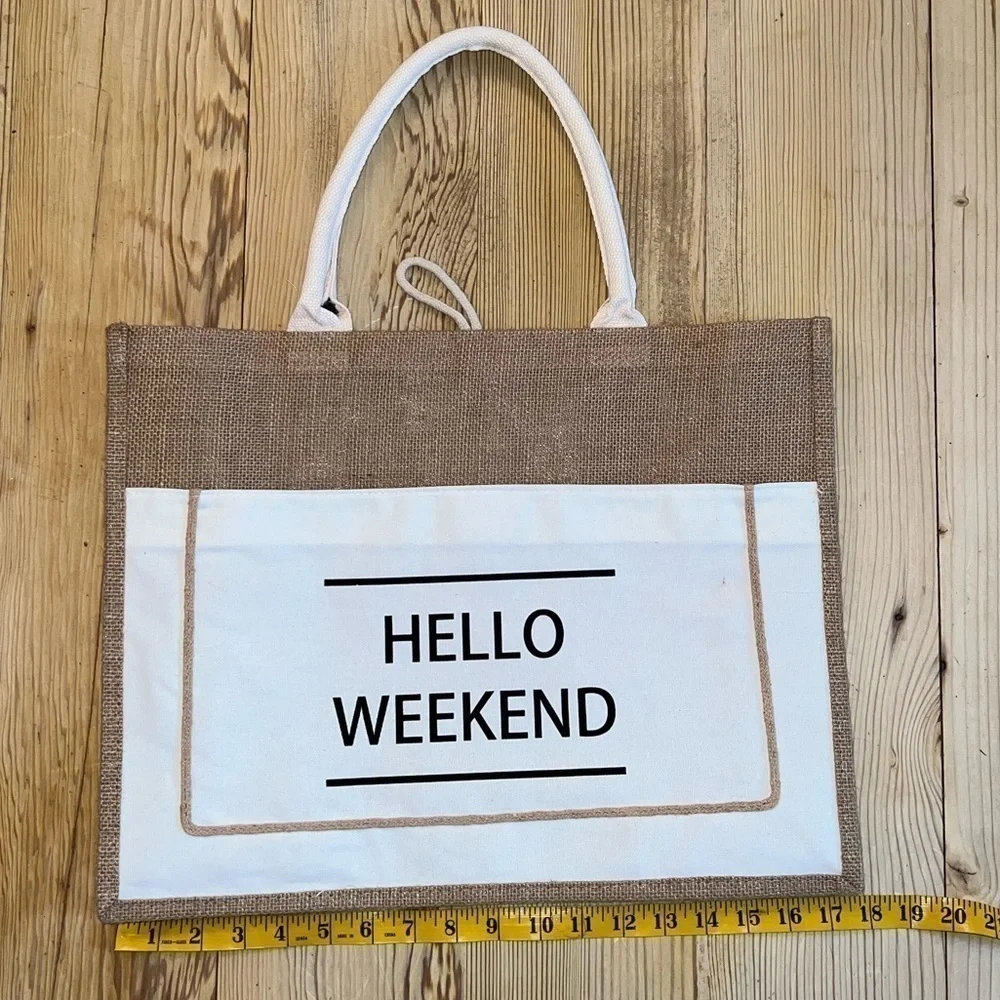 Hello Weekend Tote Bag White And Tan Raffia/Burlap Material